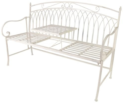 Dibor 3 Seater Garden Bench with Fold Out Table Ivory White Vintage Style Garden Sofa Patio Set Love Seat Patio Balcony Lawn Decking Furniture