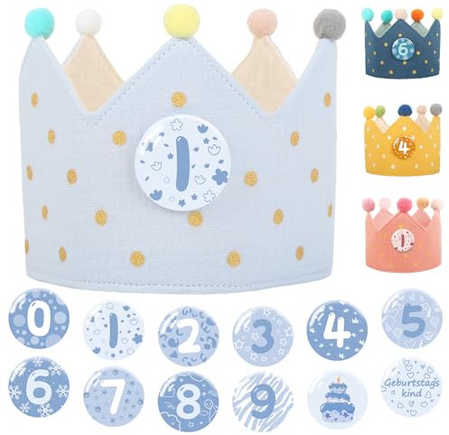 Tutukyle Geburtstagskrone Musselin mit Zahlen Geburtstagskrone Junge & Mädchen Krone Geburtstag Blau mit Button Zahlen von 0-10 Geburtstagskrone Kinder Party Deko Hut für Kindergeburtstag