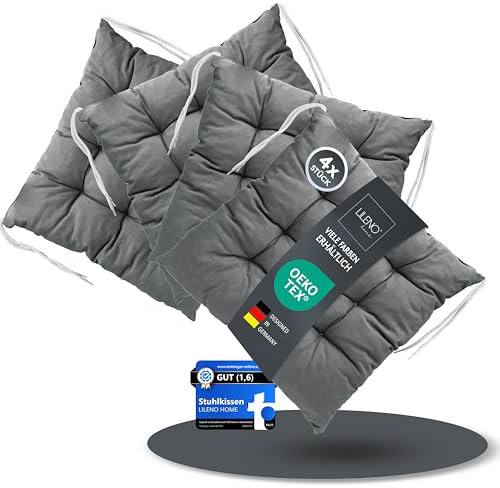LILENO HOME 4er Set Wende Stuhlkissen Anthrazit (40x40x6 cm) - Streifen Sitzkissen für Gartenstuhl, Küche oder Esszimmerstuhl - Indoor u. Outdoor Stuhlauflage als Stuhl Kissen (Linda FUM)