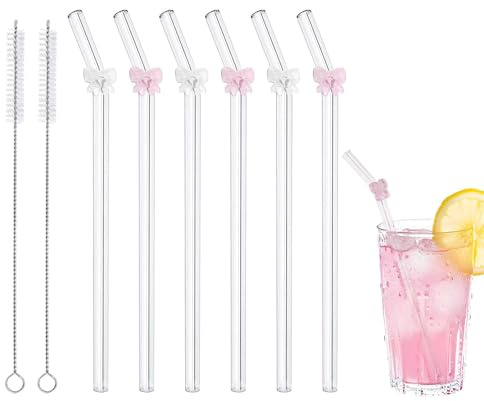 DUMING-IN Lot de 6 pailles en verre réutilisables avec 2 brosses de nettoyage, jolies pailles en verre résistantes aux chocs, passent au lave-vaisselle pour jus, smoothies, milkshakes, thés (rose)