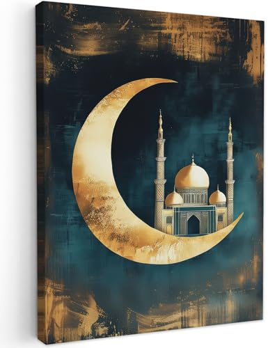 MuchoWow© Leinwandbilder Wall Art Decoration Islam Bilder für die Wand | 50x70 cm - Schlafzimmer Deko Canvas Painting Wanddekoration Wohnzimmer Moschee - Halbmond - Gold - Ramadan - Islamische