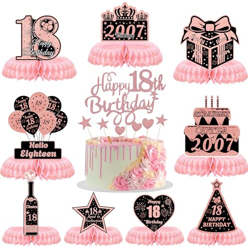 18th Birthday Table Decorations Girls - 10 Pcs Rose Gold Birthday Honeycomb Cake Topper Table Centerpiece Supplies for Boys Girls Men Women 18 Years Old Party Eighteen Year Old Table Toppers Decor