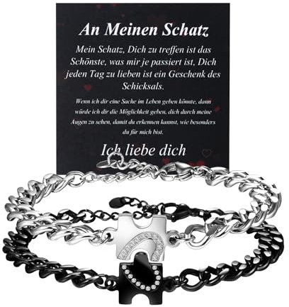 JewelryWe Paar Armbänder Puzzle Partnerarmbänder: Yin Yang Puzzle Herz Pärchen Armband Verstellbare Panzerkette Freundschaftsarmband in Silber Schwarz, Valentinstag Lieben Geschenk für Sie und Ihn