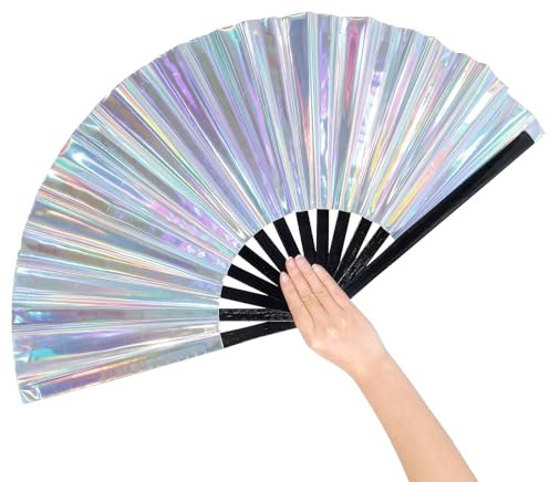 Grevosea Large Folding Hand Rave Fan, 13 Glitter Holographic Rave Folding Fan for Lridescent Festivals Rainbow Outfits Disco Party Home Decoration and Cooling in Various Occasions