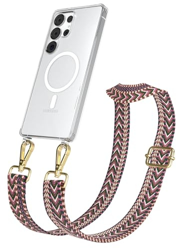 EAZY CASE Handykette - Verstellbares Taschenband kompatibel mit Galaxy S25 Ultra, Schulterriemen, Handykordel mit Silikon Hülle, Qi Charging kompatibel, Umhängetasche, Beere Pink Gold