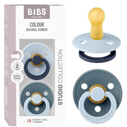 BIBS Colour Studio Soother 2-Pack, BPA Free Dummy Pacifier, Round Nipple. Natural Rubber Latex, Made in Denmark, Size 2 (6-18 Months) - Baby Blue/Petrol