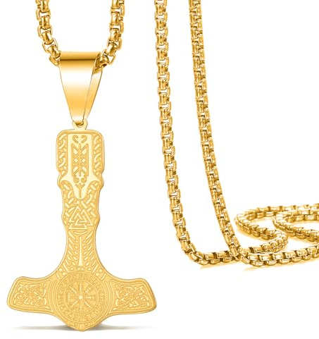 VASSAGO Wikinger Thors Hammer Halskette für Herren, Vintage nordischer Mjolnir Anhänger Halsketten Edelstahl nordisches heidnisches Amulett Schmuck (Thors Hammer-Halskette-G)