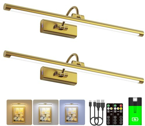 Craftersmark Bilderleuchte aus Messing, 61 cm, mit 1 extra 8000-mAh-Akku, kabellos, dimmbar, Wandhalterung für übergroße Gemälde, Poster und Spiegel, 2 Stück