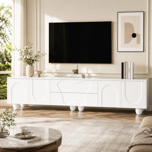 OLIVIBED Mobile TV da 180 cm, con 4 ante e 2 cassetti, per TV da 55 65 80 pollici, per soggiorno, camera da letto, motivo geometrico, 180 x 40 x 42 cm, bianco