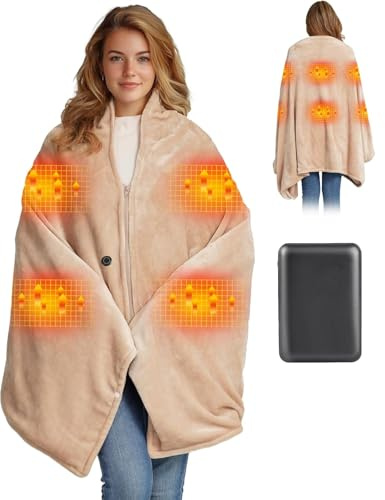 Moteoza Heizdecke Kabellos mit 10000mAh Akku, 160x90cm Elektrische Flanell Wärmedecke Tragbar für Damen & Herren, 3-Stufen-Heizung, Waschbar für Zuhause, Büro, Camping, Khaki