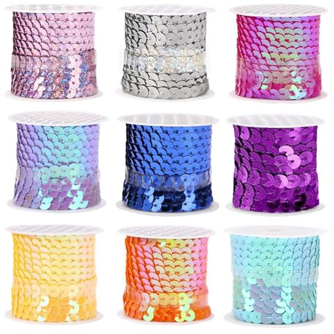 Boutihao 9 Rollen Pailletten Band 6mm Flache Glitzerband Borten, 4.5m Paillettenband, Bunte Pailletten Bänder, Paillettenrolle für Nähen, Schmuck Machen, Basteln, Kleid Dekorieren