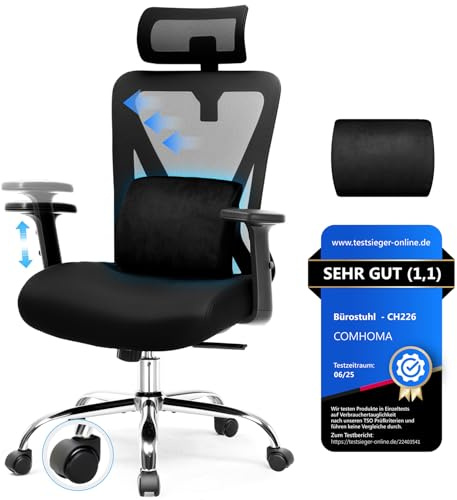COMHOMA Bürostuhl Ergonomisch [TESTSIEGER], Schreibtischstuhl mit 3D-Kopfstütze & 3D-Lendenwirbelstütze, verstellbare Armlehnen, Office Chair mit Wipp- und Kippfunktion,Belastung bis 150KG, Schwarz