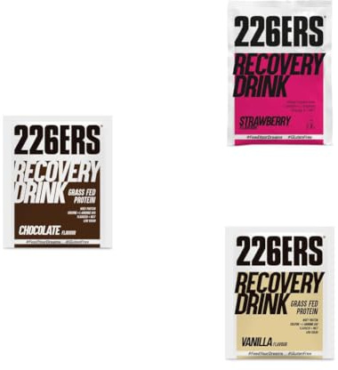 226ERS Pack Degustación Recovery Drink - 3 Sobres Monodosis de 50g: 1x Chocolate, 1x Fresa y 1x Vainilla - Batido Recuperador Post-Entrenamiento con Proteína Whey y Carbohidratos para Resistencia
