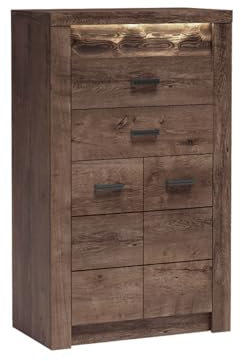 Mirjan24 Kommode Indiano I-06 mit 2 schubladen, Anrichte, Mehrzweckschrank, Highboard, Sideboard, Wohnzimmer Schrank (Esche Dunkel, mit warmweißer LED-Beleuchtung)