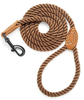 Mile High Life Laisse en Corde de Coton tressée avec poignée en Cuir et Fermoir Robuste en métal(Dark Brown, 183 CM)