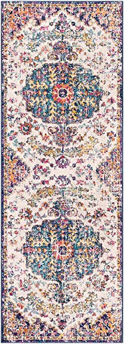 Livabliss Asmara Vintage Rug - Hallway Runner Rugs Living Room 80x220 cm - Scandi Neutral Rug, Traditional Patterned Boho Style, Natural Easy Care Pile - Hallway Runners, Burgundy and Blue