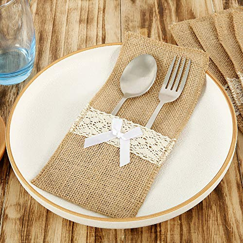 Jetcloud 20Pcs Burlap Cutlery Holders, Natural Hessian Burlap Utensil Holders Lace Cutlery Holders Knifes Forks Spoons Bag for Wedding Party Festival Table Setting Decorations