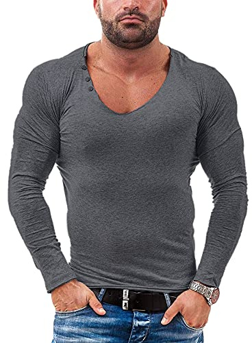 Mens Long Sleeve Henleys T-Shirts Buttons Placket Plain v Neck Cotton Shirts Cotton T1302 Dark Grey S