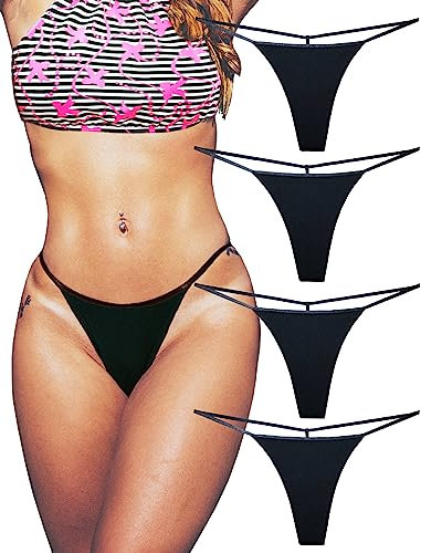 Coton Dos en T String Ficelle pour Femme en Sexy Tanga sans Couture Culottes Lot de 4 (Le Noir, Medium)