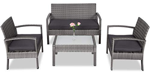 Casaria® Polyrattan Gartenmöbel mit Bank Tisch 2 Stühle inkl. Auflagen Sicherheitsglas Wetterfest Modern Outdoor Terrasse Balkon Möbel Lounge Set Grau