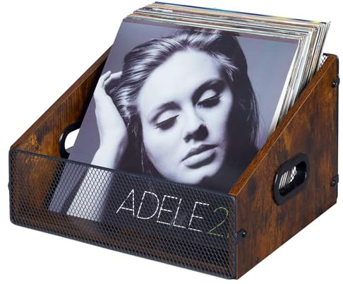 Yuzehuaza Vinyl-Schallplatten-Aufbewahrungshalter, trapezförmige LP-Vinyl-Schallplattenkiste mit Griff, Holz und Metall, Album-Aufbewahrung, Schreibtisch-Organizer-Box für Bücher, Akten, rustikales