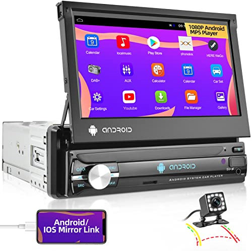 Android 10 Single Din Car Stereo NHOPEEW 7 inch Flip Out Touch Screen 1 Din Radio with Mirror Link Bluetooth Handsfree DSP EQ FM AUX USB Navi +Reversing Camera 1G+16G