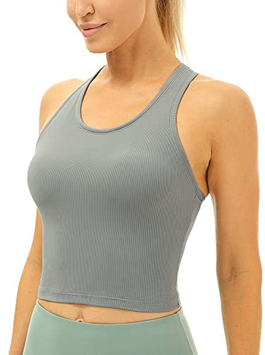 icyzone Damen Sport Top mit Integriertem BH, Yoga Cropped Shirt Geripptes Racerback Gym Tank Top (L, Grey)