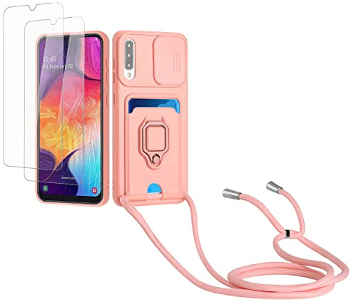 Kaslly Cordon de Coque Compatible avec Samsung Galaxy A30S/A50S/A50+[2 Pièces Verre Trempé],Couvercle Coulissant de la Caméra+Support Annulaire à 360 Degrés,Fentes pour Cartes-Rose
