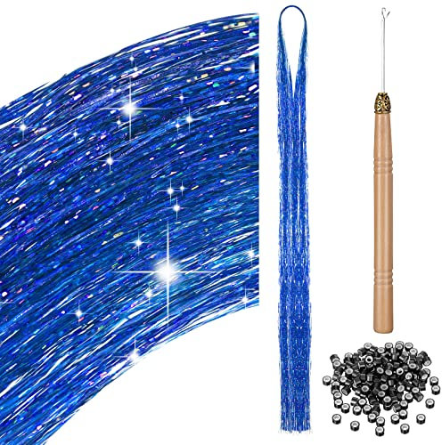 200 Strang Haar Lametta Kit mit Werkzeug Lametta Haarverlängerung Glitzer Haarteil zum Flechten Haar Lametta Stränge Set für Frauen Mädchen Kinder Cosplay Party Zubehör (Dunkelblau)