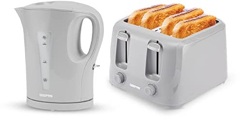 GEEPAS 1.7L Electric Kettle & 4 Slice Bread Toaster Kitchen Combo Set | 2200W Cordless Jug Kettle Auto Shut-Off | 1400W Toastie Machine 6 Browning Level Removable Crumb Tray | 2 Year Warranty, Grey