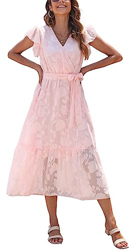 VOGMATE Femmes D'été Robe Midi Manches Courtes Wrap Col en V Robe Élégant A-Line Robe de Plage Rose XL