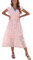Damen Sommer Midikleid Kurzarm Wickelkleider V-Ausschnitt Elegantes A-Linie Strandkleid Jacquard Rosa XL