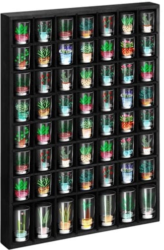 Barydat Shot Glass Display Case Wood Shot Glass shelf holder 56 Compartments Wall-mounted Rustic Bar Cabinet(Black,1 Pcs)