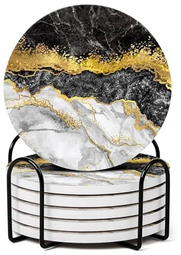 Coasters Set of 6 - Homeware Marble desigh Coasters Ceramic - Coasters with Holder and Cork Base,Home accessories,Coaster(Drinks) cup and Table decor,10cm 4inch. (Marble Black and Gold)