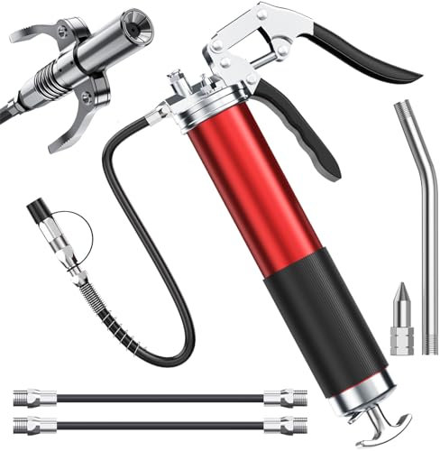 Amyzavls Grease Gun Kit, 8000 PSI Heavy Duty Pistol Grip Grease Gun with Quick Locking Coupler, Spring Flex Hose, 14oz Load, 2 Standard Hose, Reinforced Coupler, Rigid Pipe, Sharp Nozzle