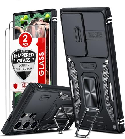 LeYi Cover per Samsung S24 Ultra con Vetro Temperato [2 Pack], Custodia con Protezione Fotocamera [Slidable] Antiurto Militare 360° Anello Supporto TPU Bumper Custodie Samsung Galaxy S24Ultra, Nero