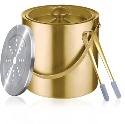 Sipoyen Gold Ice Bucket with Lid, Handle and Tong Insulated Stainless Steel Champagne Bucket 3L Wine Bucket for Party Bar Cart Accessories Large Double Wall Bucket Keep Frozen