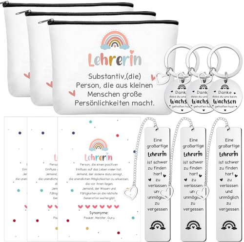 Ylinge Abschiedsgeschenk für Lehrerin - 3 Teiliges Lehrer Wertschätzung Geschenk Set mit Kosmetiktaschen, Dankeskarten, Schlüsselanhänger & Lesezeichen