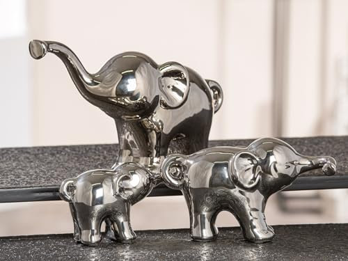 GILDE Deko Elefanten Familie - Elepfanten Trio 3-teiliges Set - Tierfigur Dekoration Keramik - Farbe: Silber glänzend - Breite 13,5/19,5/27,5 cm