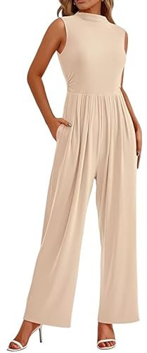 Haibang Jumpsuit Damen Sommer Elegant Ärmellos Overall Lang Mock Neck Romper Lässig Einteiler Festlich Hochzeit Hosenanzug Weites Bein Hose Playsuit mit Taschen