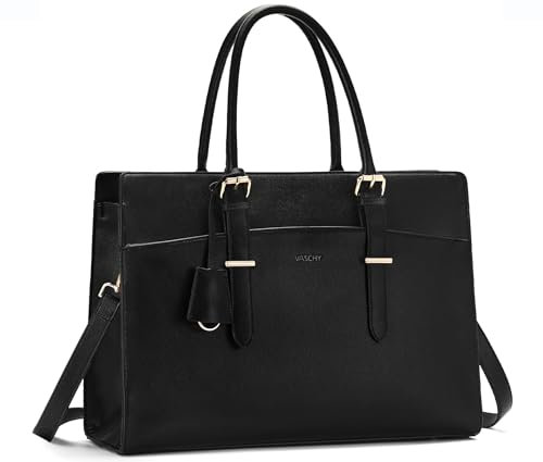 VASCHY Laptop Bag for Women, Vegan Leather Large Work Tote Bag Briefcase,15.6 Computer Bag Ladies Shoulder Handbag for Business Office Teachers,Black