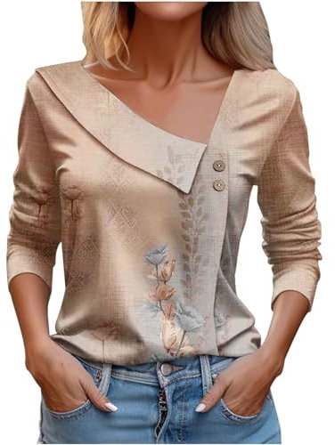Cocila T-Shirt Stampata a Maniche Lunghe con Scollo a V da Donna Casual Elegant Pizzo Texture T-Shirt Caffè XXL