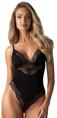 Selente Love & Fun - Set di biancheria intima da donna, 2 pezzi, in tessuto Body/Ouvert & Satin, made in EU, Pizzo floreale nero, XL-XXL
