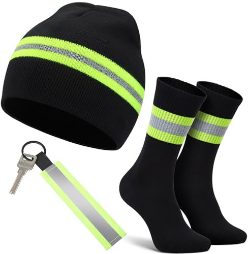 Hestya Feuerwehr Geschenke für Männer Frauen Wintermütze Beanie Mütze Feuerwehr Socken Schlüsselanhänger mit Reflektierendem Streifen Gelb-Silber-Gelb Feuerwehr Zubehör für Helden des Alltags