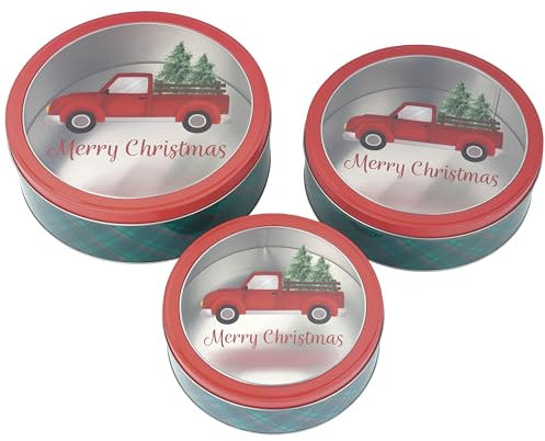 DAHO Keksdosen mit Fenster, 3-teiliges Set, Keksdosen mit Deckel zum Verschenken, Kekse, Leckereien, Kekse, Gastgeschenke und Geschenke (Truck, runde Form)