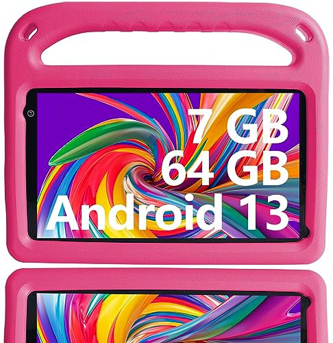 GOODTEL Tablet Kids Android 13 7GB RAM+64 GB ROM, Tablet da 7 pollici per bambini, WiFi, Bluetooth, GPS, istruzione + giochi, doppia fotocamera, controllo parentale, con custodia EVA - Rosa