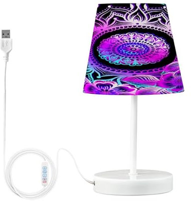 Mnsruu Bedside Lamp Indian Henna Floral Boho Table Lamp for Bedroom LED Nightstand Desk Lamp Lampshade Sleeping Living Room Dorm Office