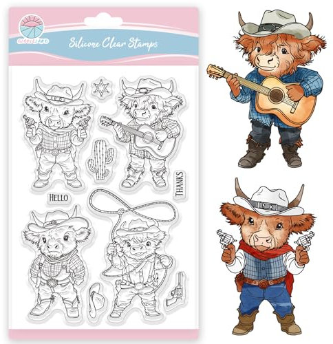 GLOBLELAND Cowboy Klarstempel für Scrapbooking Gitarren Kuh Silikonstempel Cartoon Tier Transparenter Stempel für Die Kartengestaltung DIY Prägung Journaling
