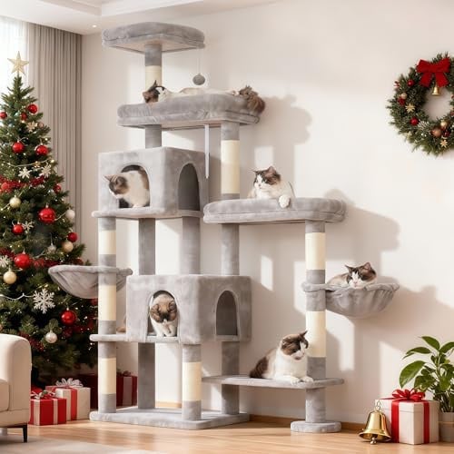 Hey-brother Kratzbaum mit verlängertem Teil, breite Plattformen, gemütliche Höhlen, Hängematten, Sisalsäulen und Ball für Indoor-Katzen, 178 cm, Hellgrau MPJ038W