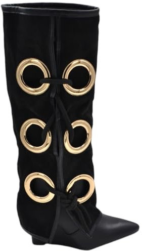 Stivali Donna Alti in camoscio Nero Applicazioni Oro Modello Shark Risvolto Fino a Terra Tacco Zeppa 10 cm con Zip (39 EU)
